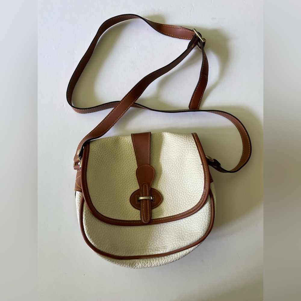 Vintage Dooney & Bourke Tack Bag Purse Crossbody Ivory White Tan Leather